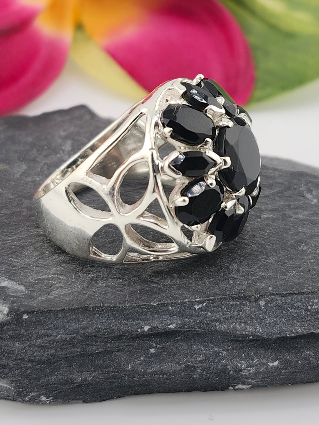 Cluster Black Onyx Flower Ring Size 10