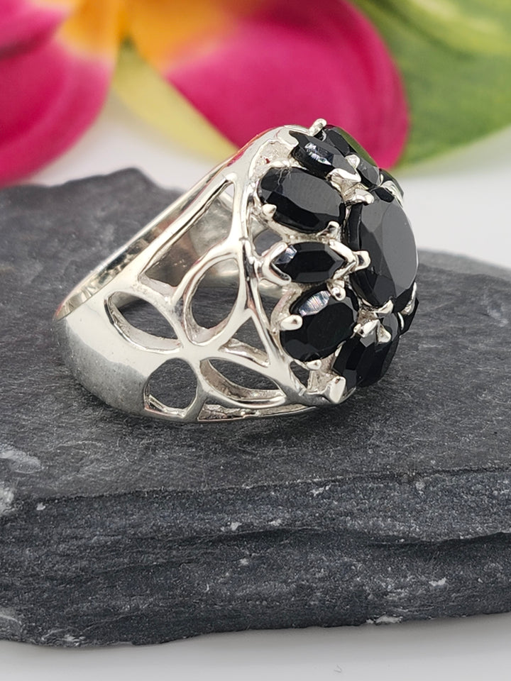 Cluster Black Onyx Flower Ring Size 10