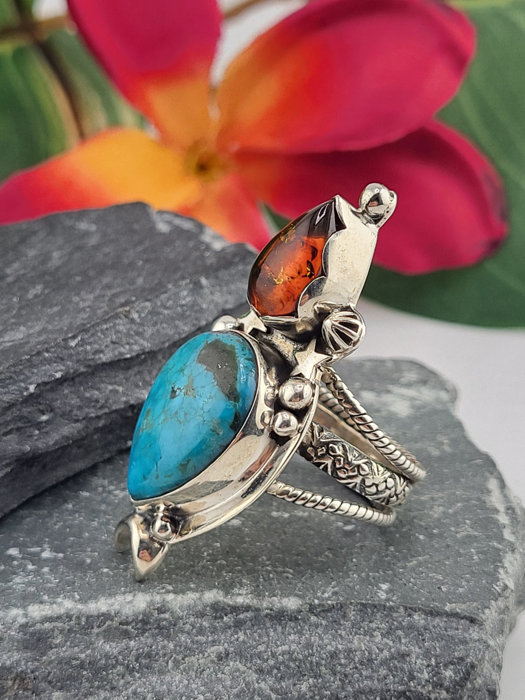 Turquoise & Baltic Amber Ring Size 7
