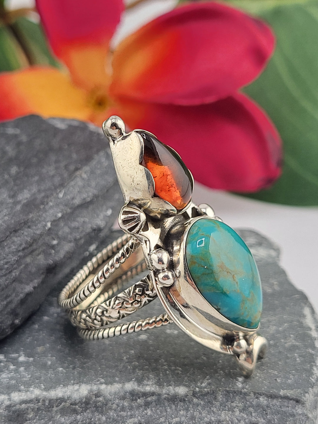 Turquoise & Baltic Amber Ring Size 10