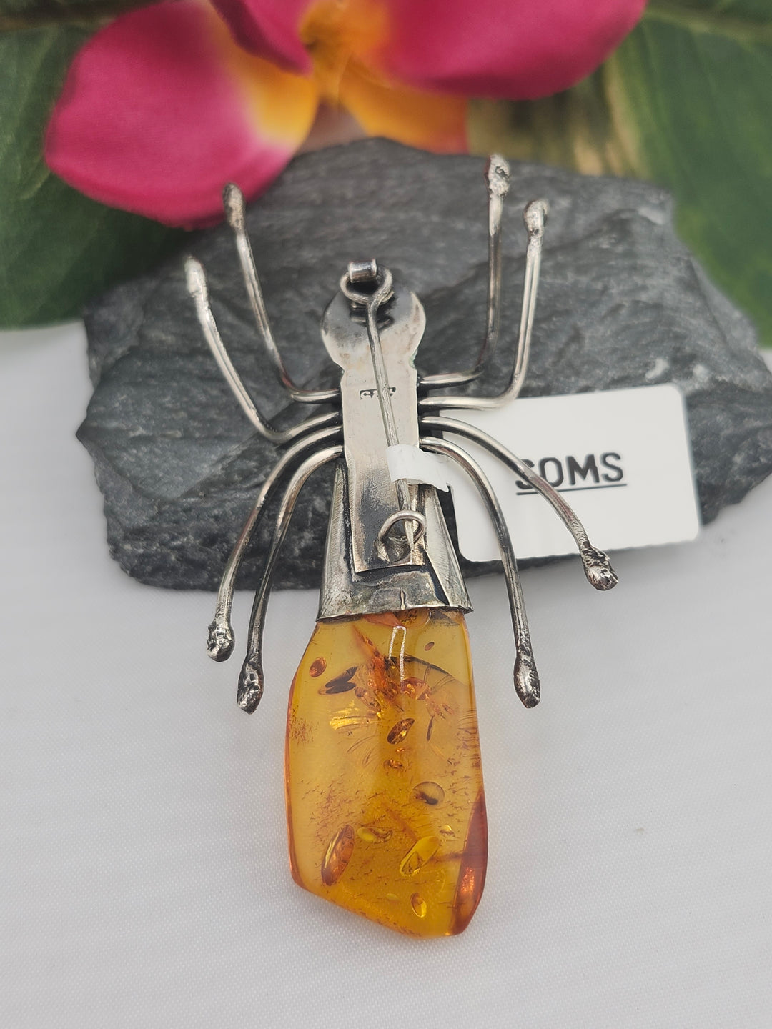 Designer SOMS Baltic Amber and 925 Sterling Silver Insect Broach
