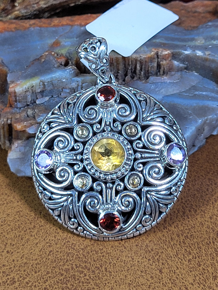 Citrine/Garnet/Amethyst/18K Accent 925 Sterling Silver Round Pendant - 1 3/4"