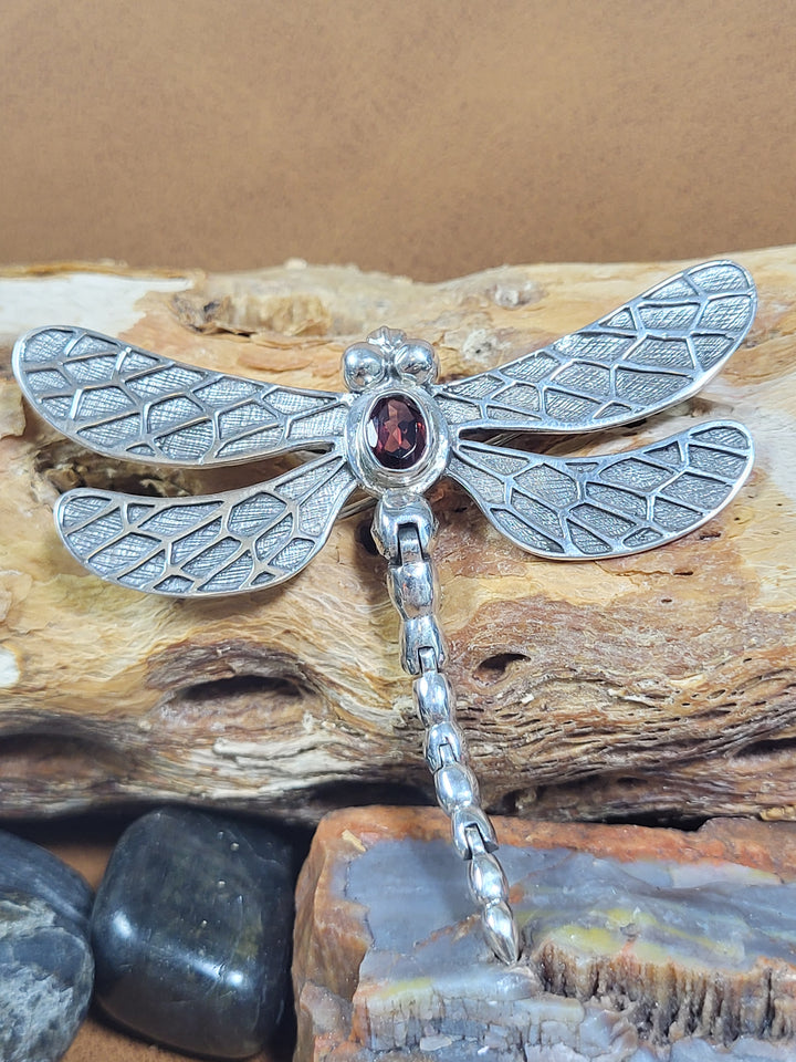 Narural Garnet 925 Sterling Silver Dragonfly with Articulated Tail Pin/Pendant -
