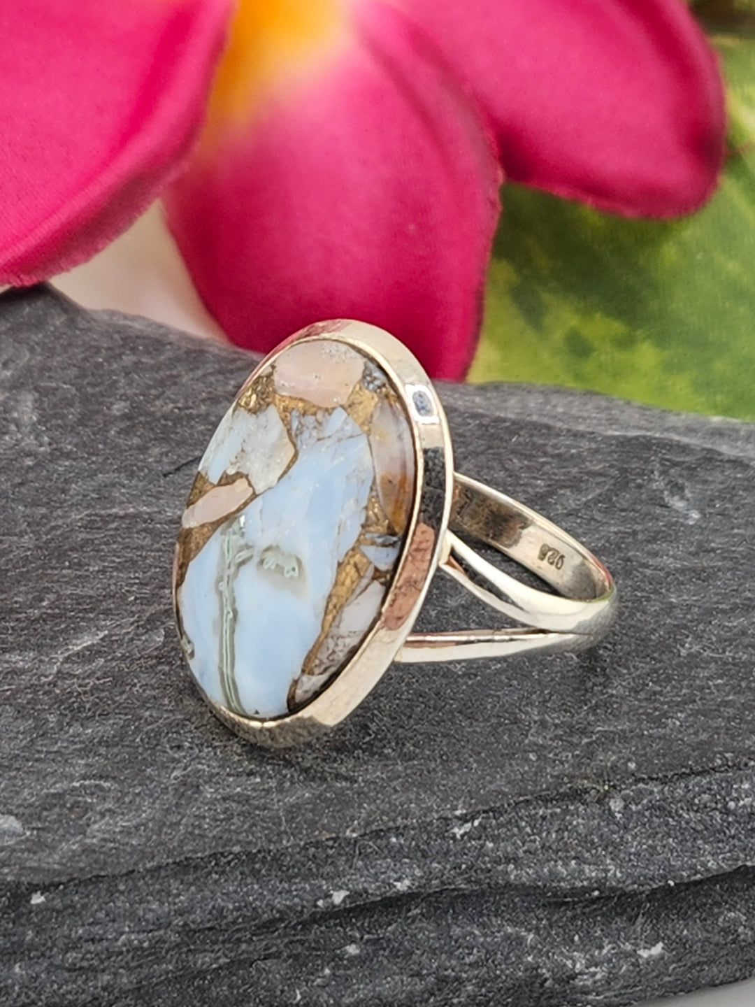 Blue & Pink Copper Opal Ring Size 8