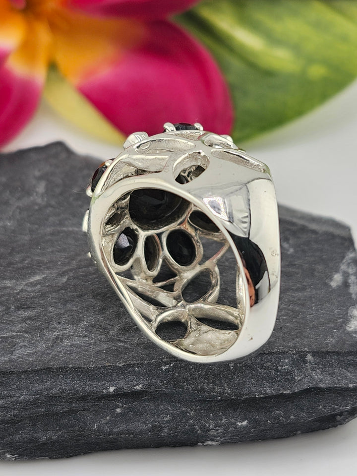 Cluster Black Onyx Flower Ring Size 10