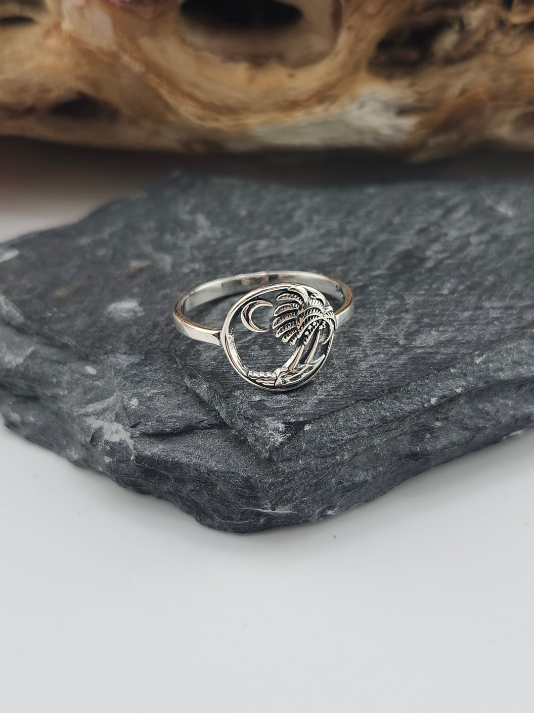 Palm Tree w/Crescent Moon Dainty Ring