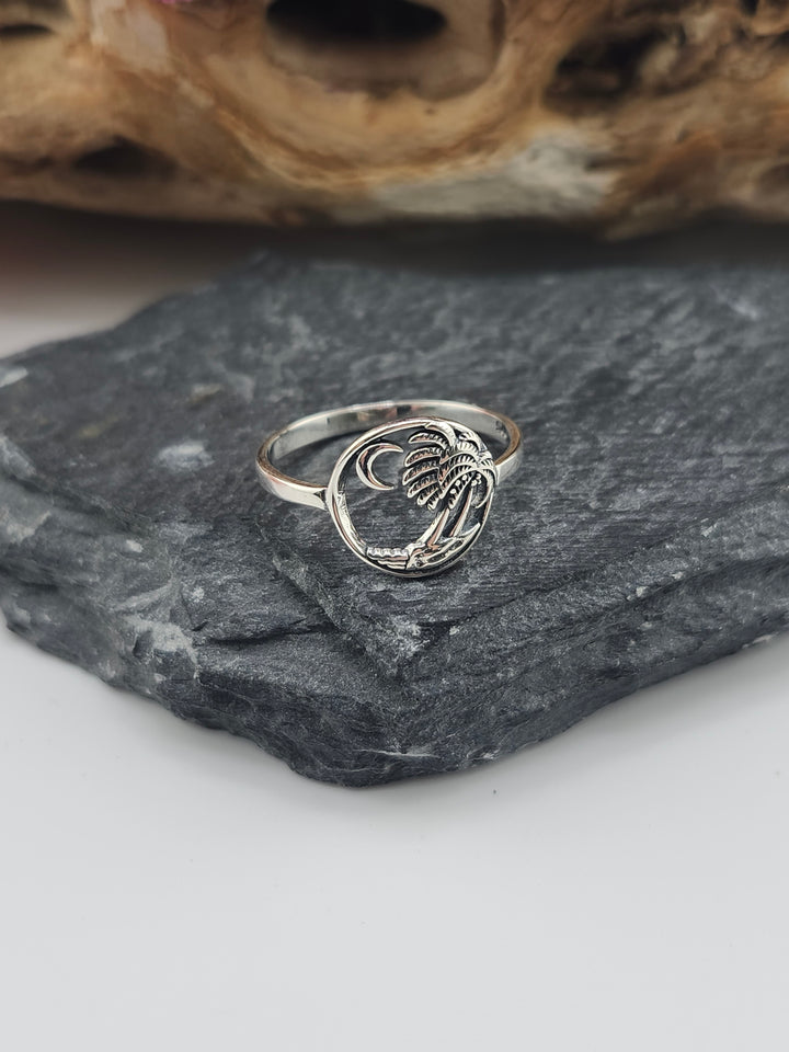 Palm Tree w/Crescent Moon Dainty Ring