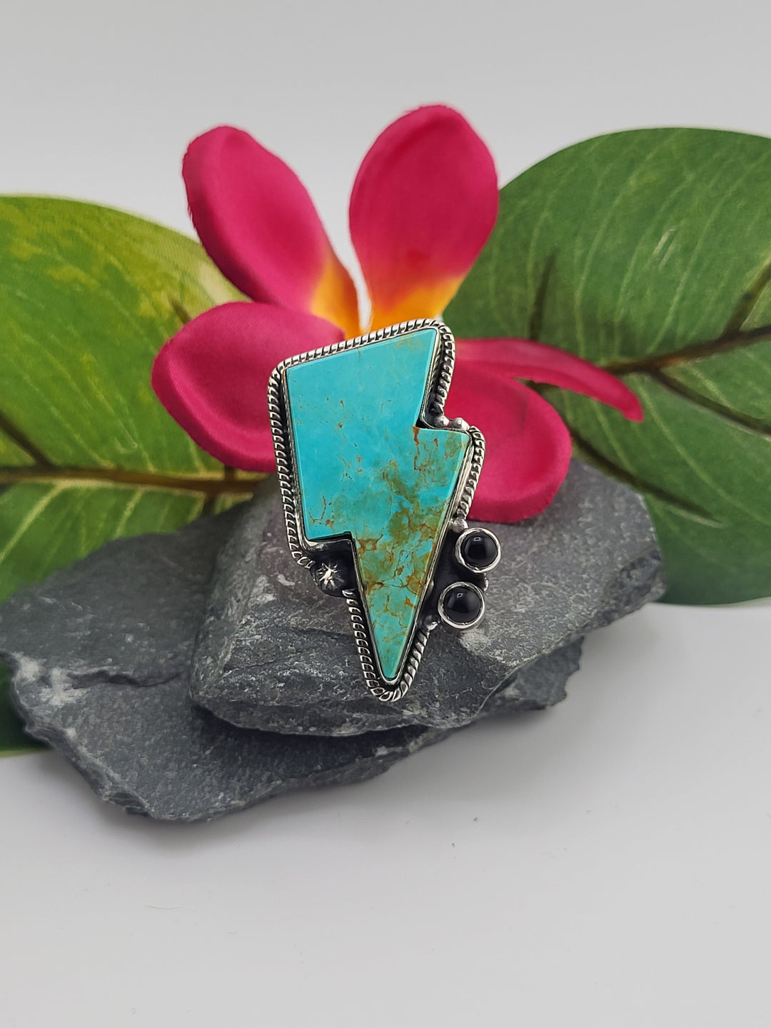 Turquoise and onyx lighting bolt ring