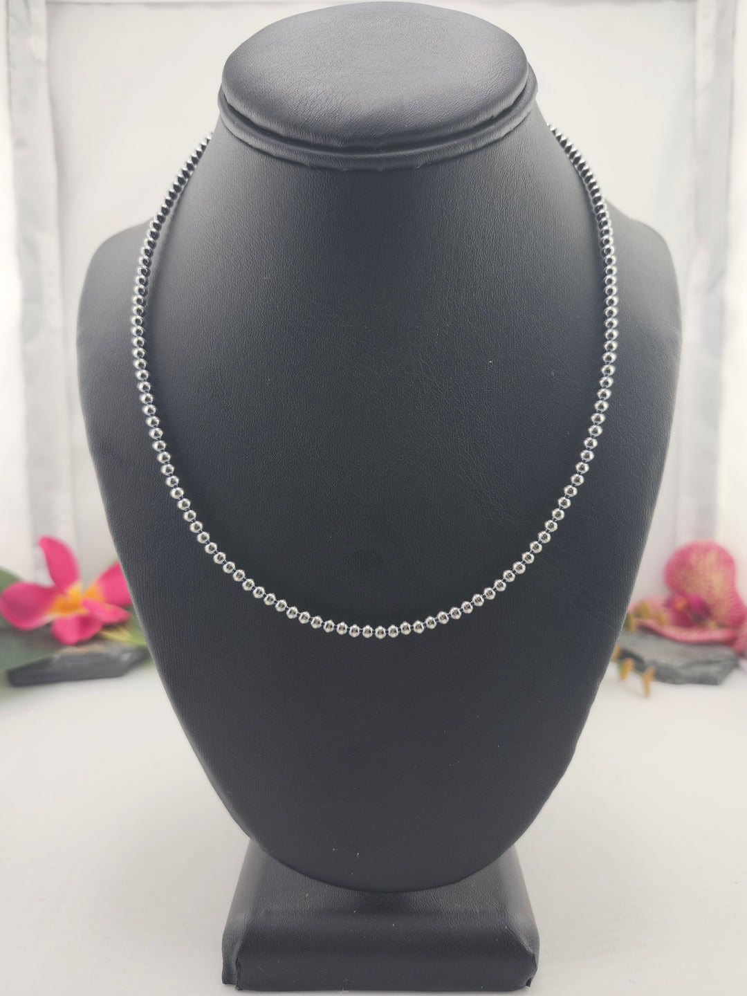 3mm 16"+2" Oxidized 925 Sterling Silver Bead Necklace