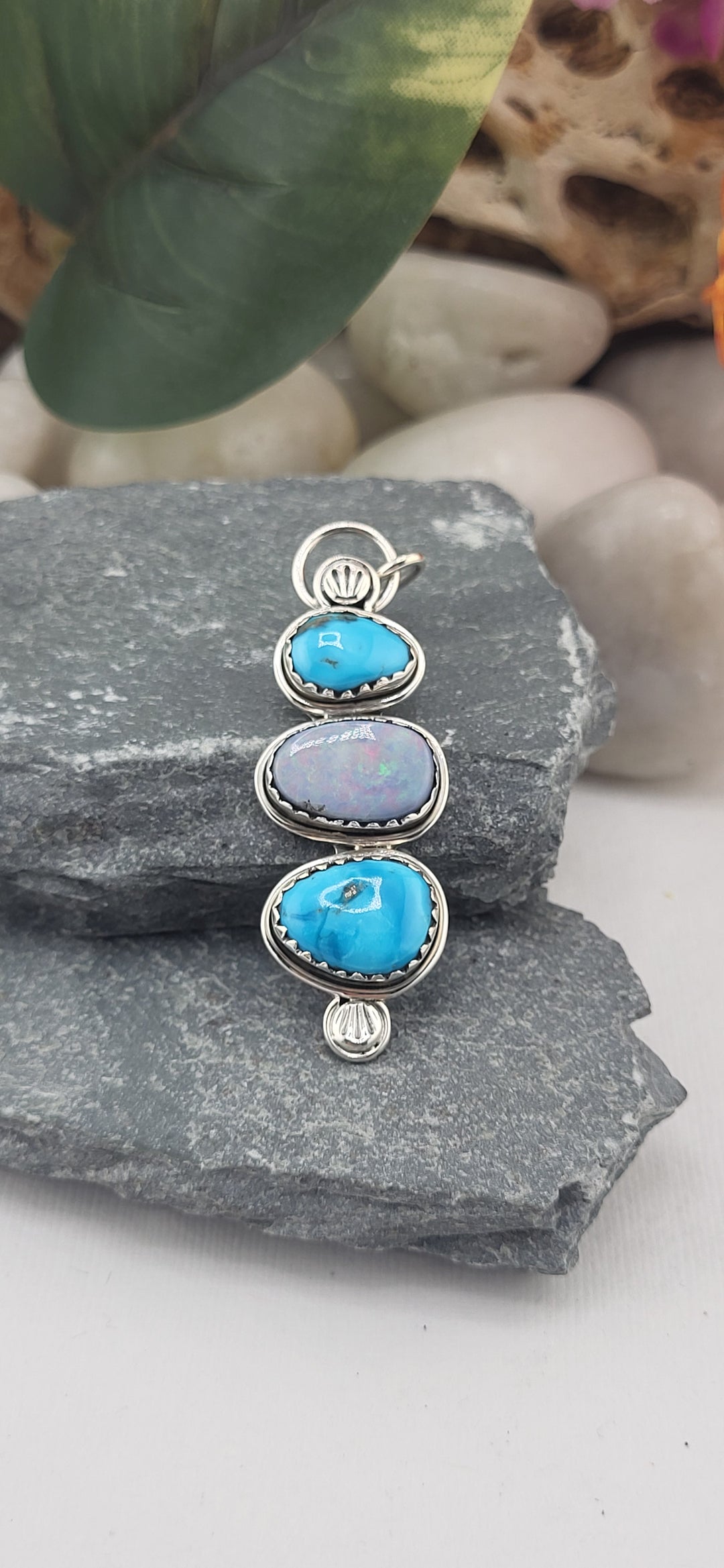 Blue Kingman turquoise and Australian opal dublet Southwest Pendant