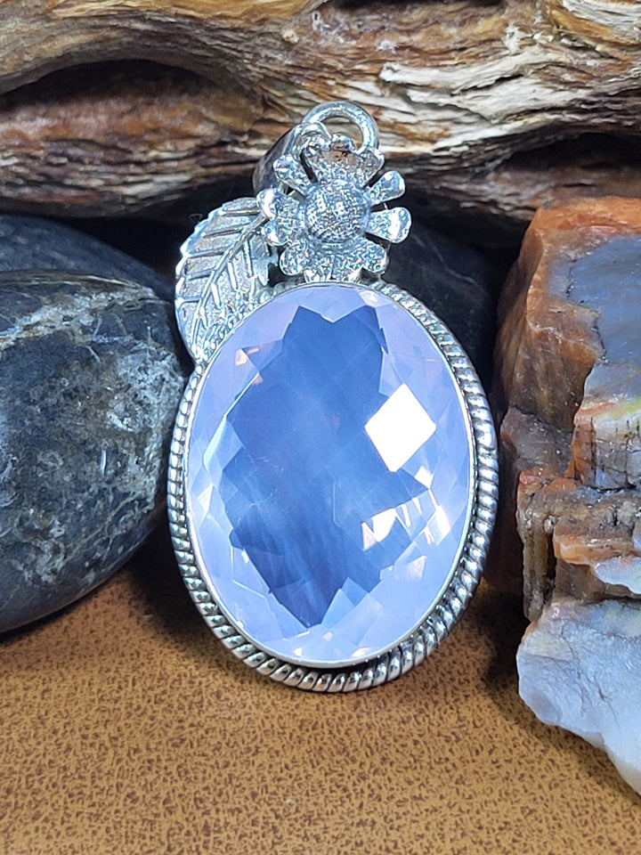 Natural Lavender Quartz 925 Sterling Silver Rose Cut Pendant - 1 3/4"