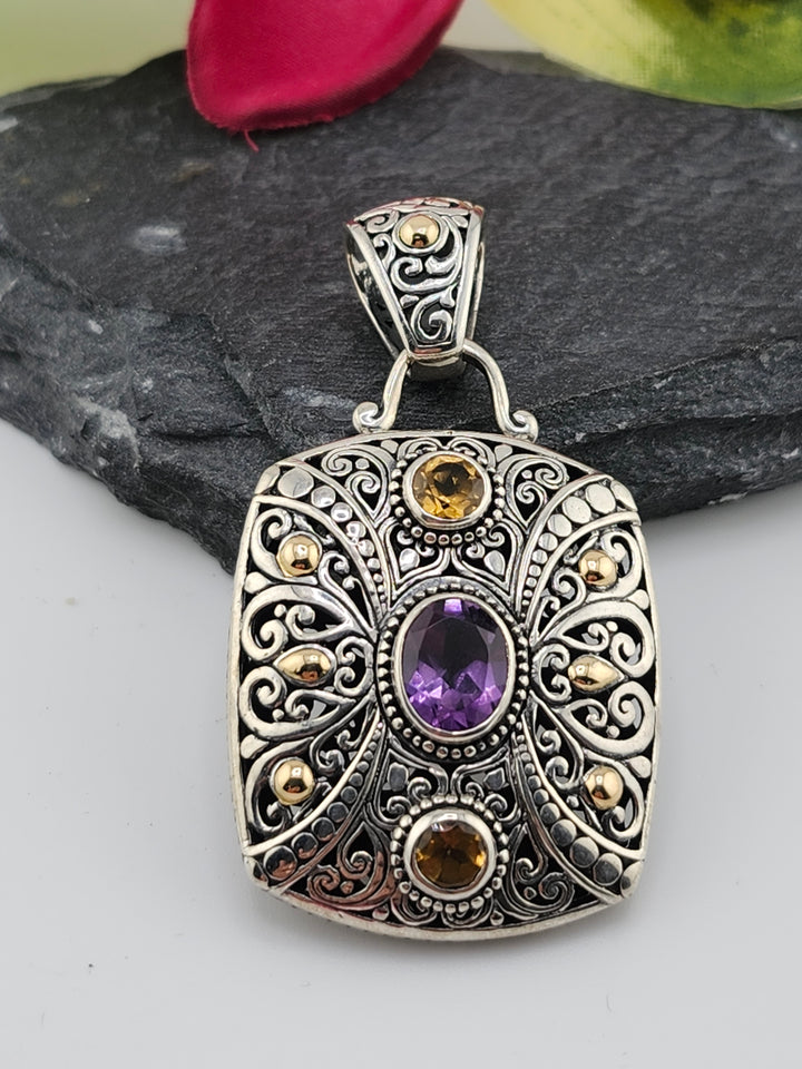 Amethyst/Citrine & 18k accented Bali Pendant