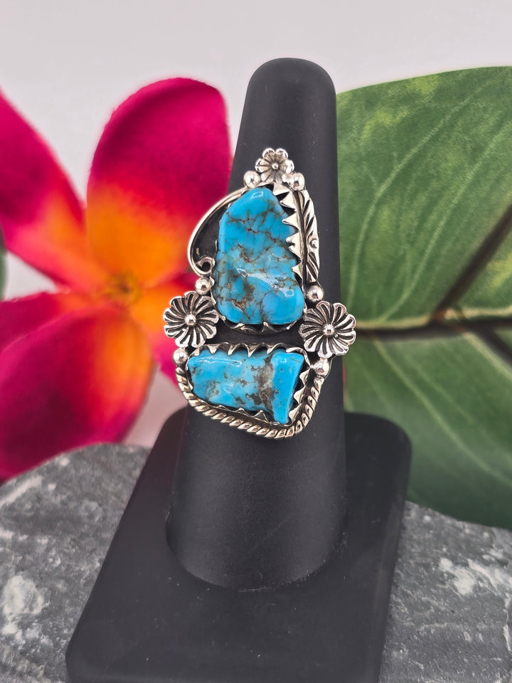 Double stone Kingman Turquoise sterling silver 925 ring size 7