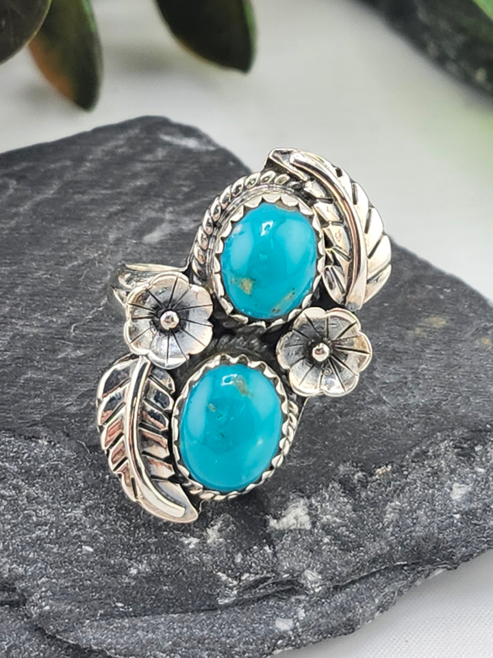 American Turquoise Double Stone and 925 Sterling Silver Ring - Size 7