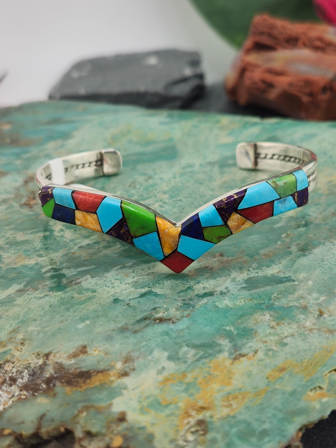 Regie 925 Sterling Silver Mosiac Multi-stone Inlay Cuff