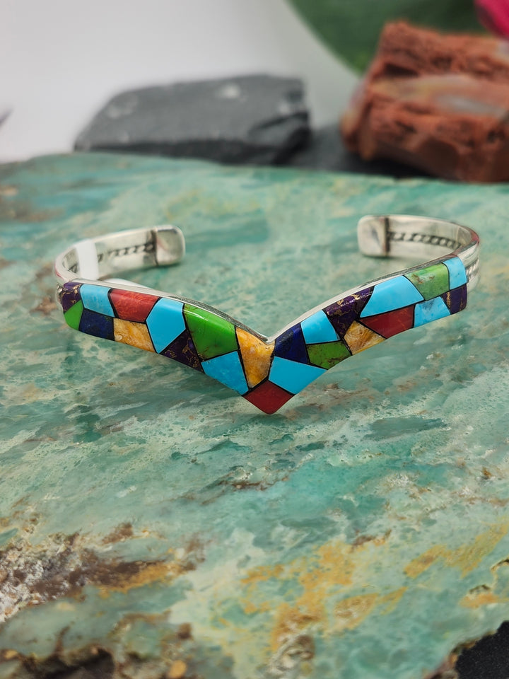 Regie 925 Sterling Silver Mosiac Multi-stone Inlay Cuff