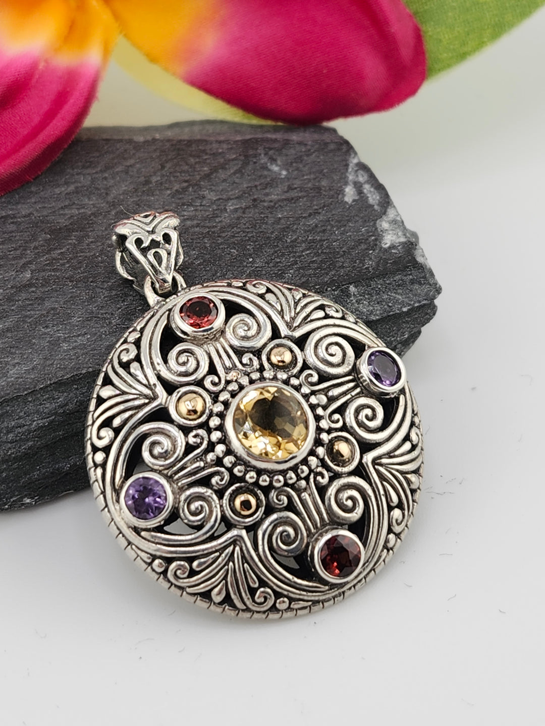 Citrine/Amethyst/Garnet & 18k Accented Bali Pendant
