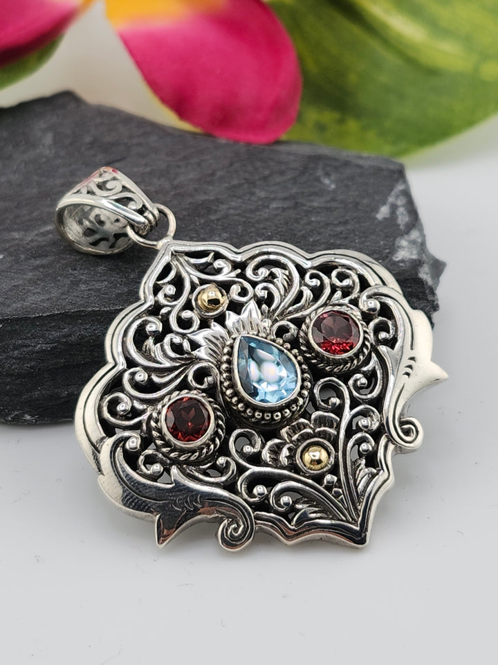 Topaz/Garnet & 18k Accented Bali Pendant