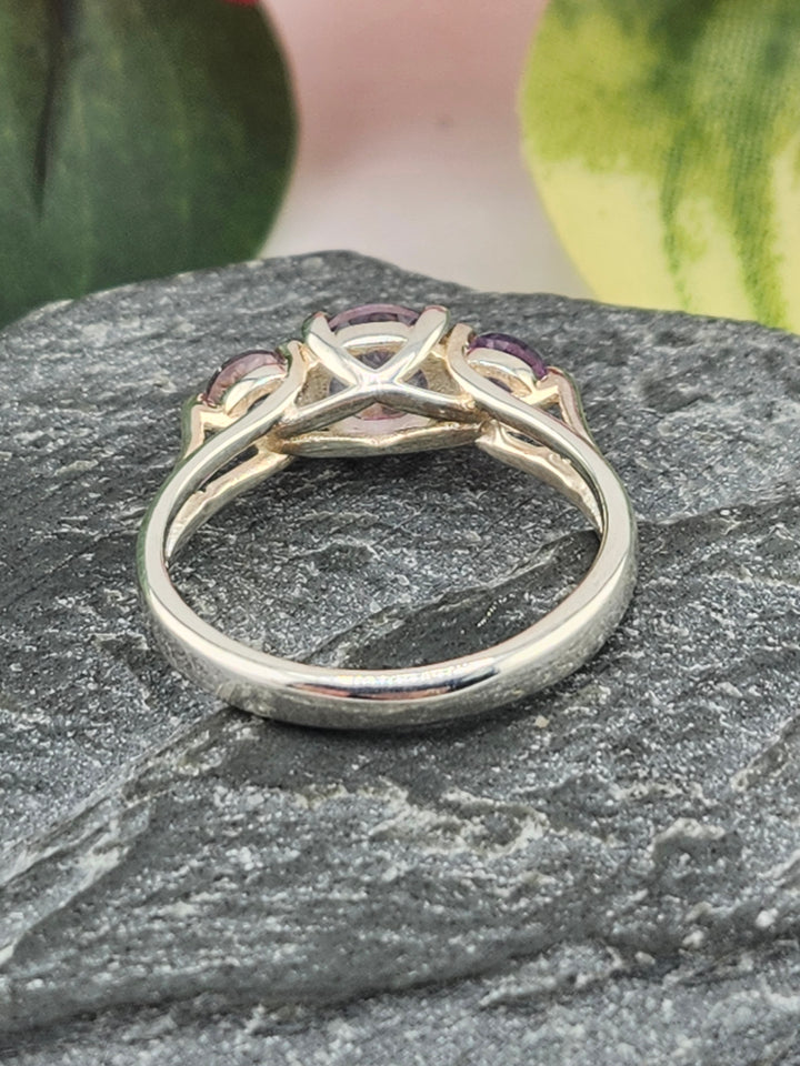 Three Stone Amethyst and 925 Sterling Silver Ring - Size 6.5