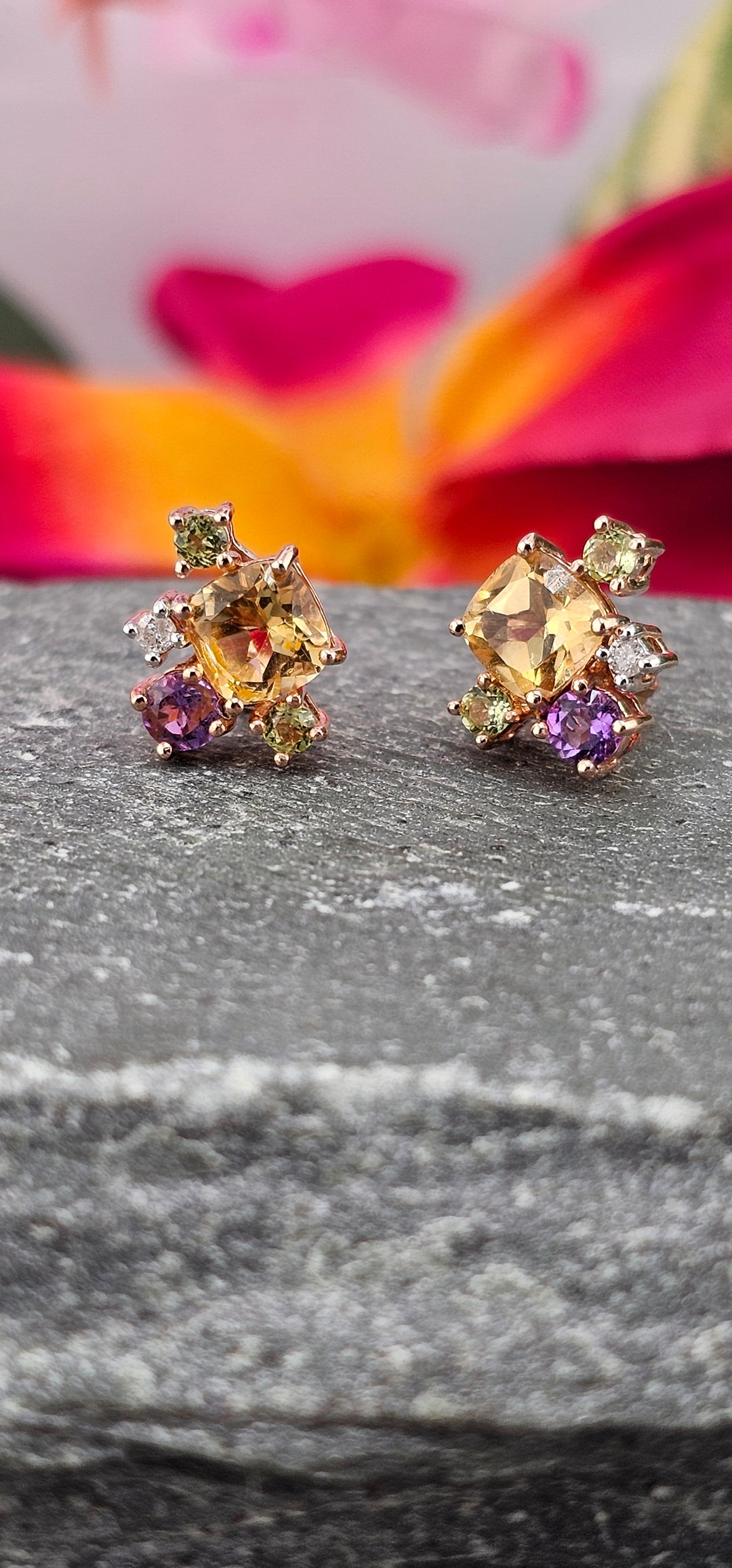 10k Rose Gold Natural Diamond and Gemstone Cluster Studs