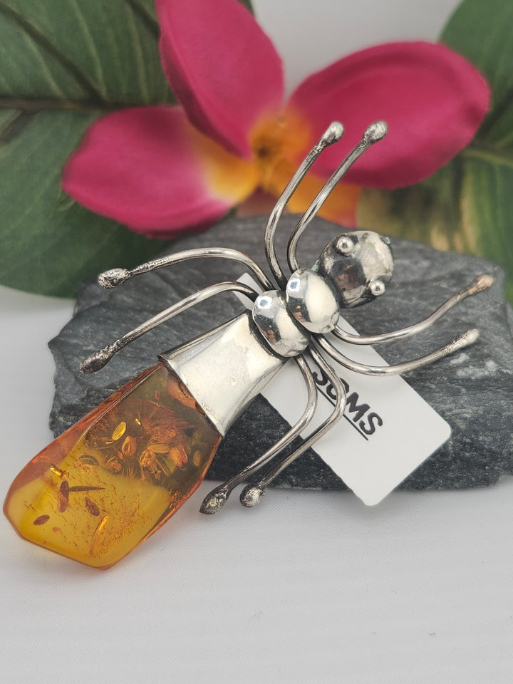 Designer SOMS Baltic Amber and 925 Sterling Silver Insect Broach