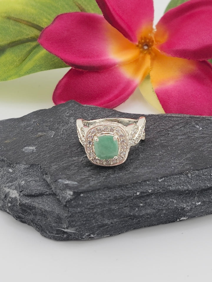 Emerald and 925 Sterling Silver w/CZ Ring