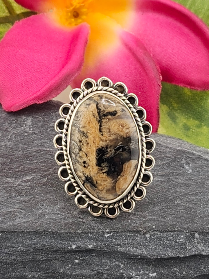 Tiger Dendritic Agate Ring & 925 Sterling Silver Size 6