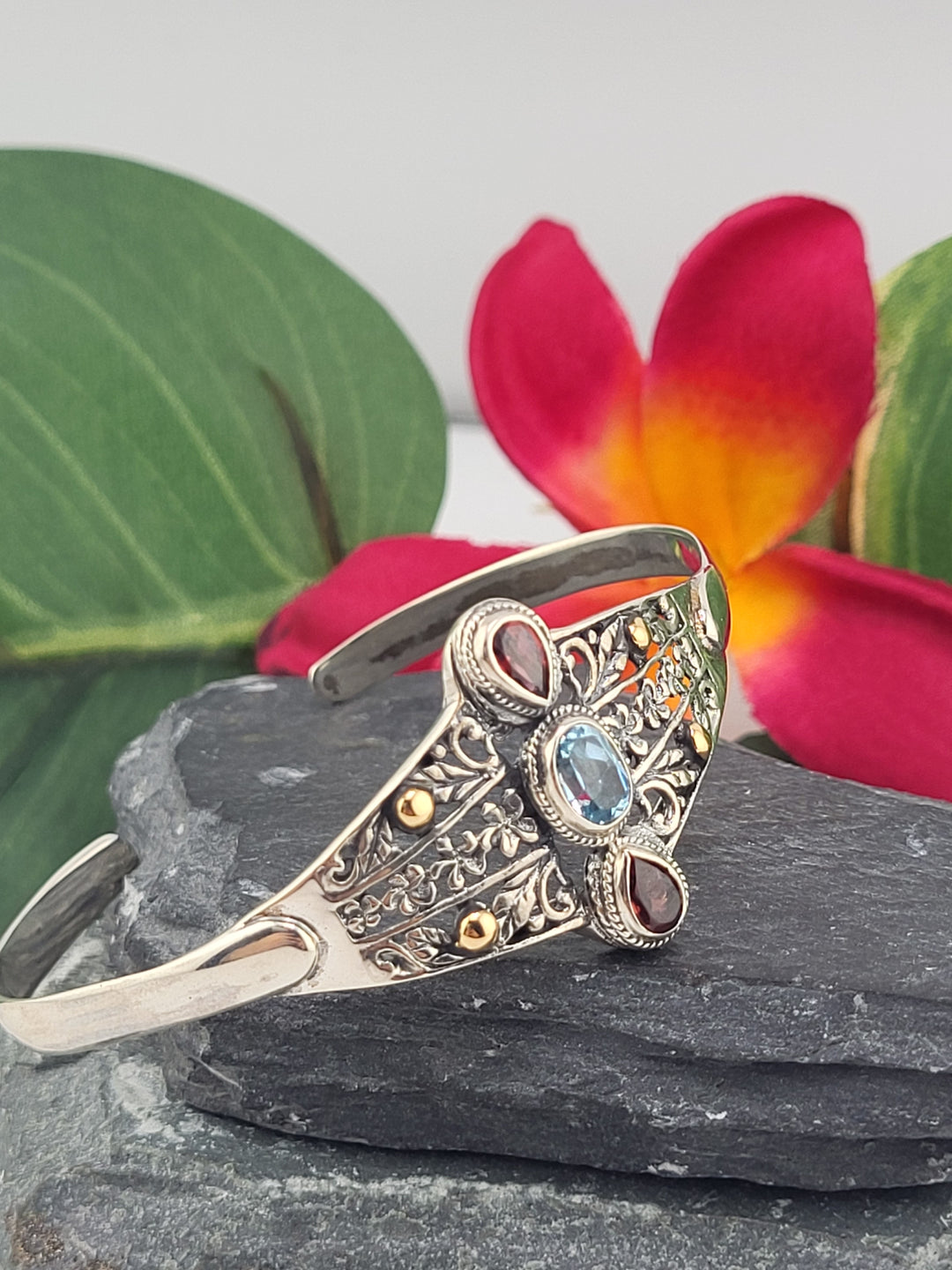 Garnet/Topaz/18k accented Bali 6.5" Cuff Bracelet