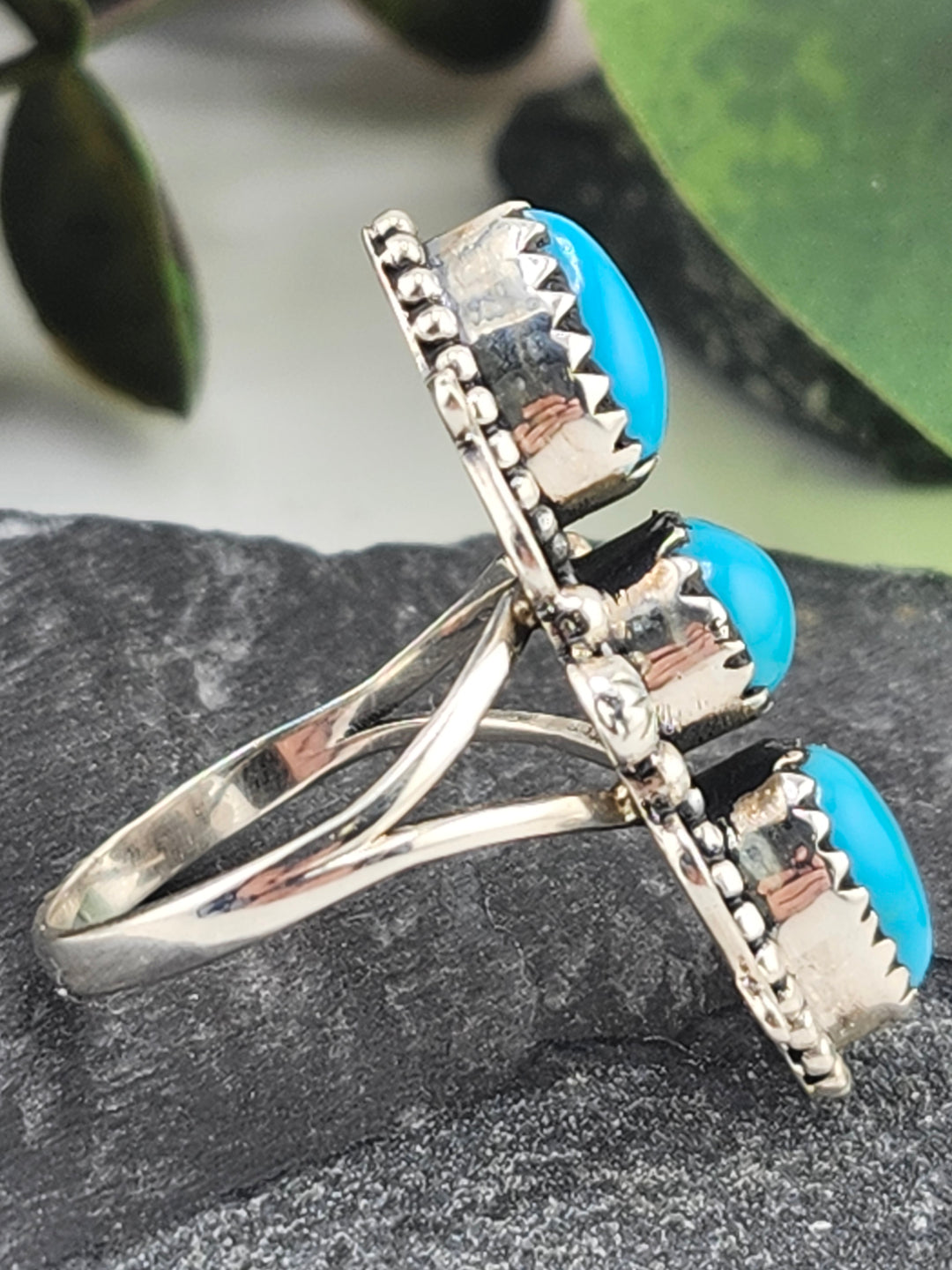 American Turquoise Triple Stone and 925 Sterling Silver Ring - Size 9.5