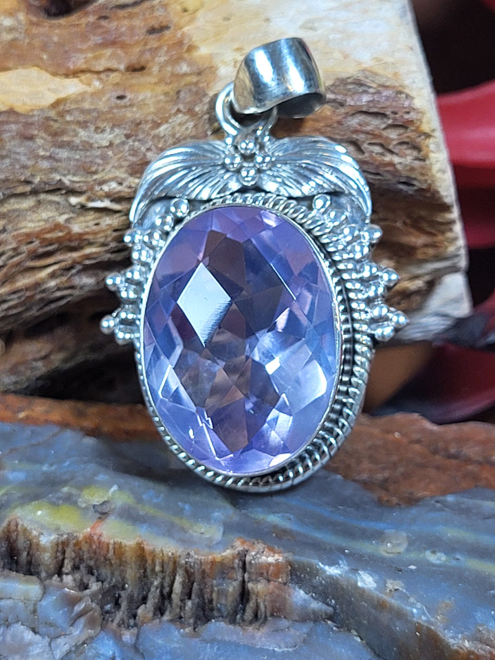 Natural Lavender Quartz 925 Sterling Silver Rose Cut Pendant - 1 1/2"