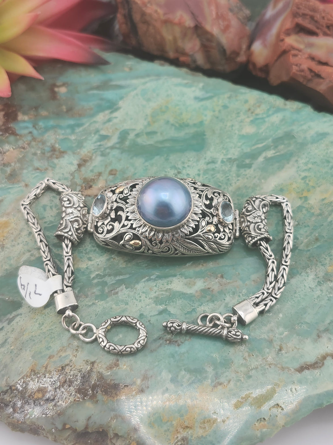 Bali 925 Sterling Silver/18K/Blue Mabe Pearl and Topaz Bracelet - 7-1/4"
