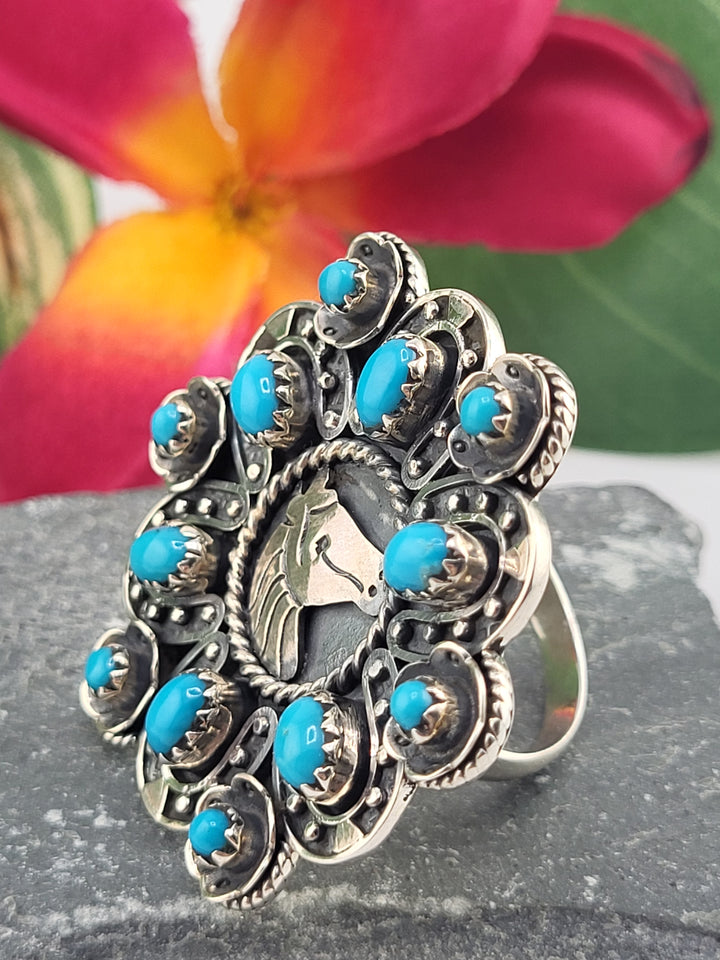 Turquoise Horse Cluster Ring Size 11.5