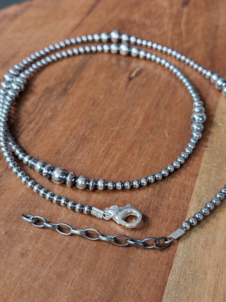 Oxidized Sterling Silver Graduated Bead Station Necklace 3‐6mm 24"+2" extension