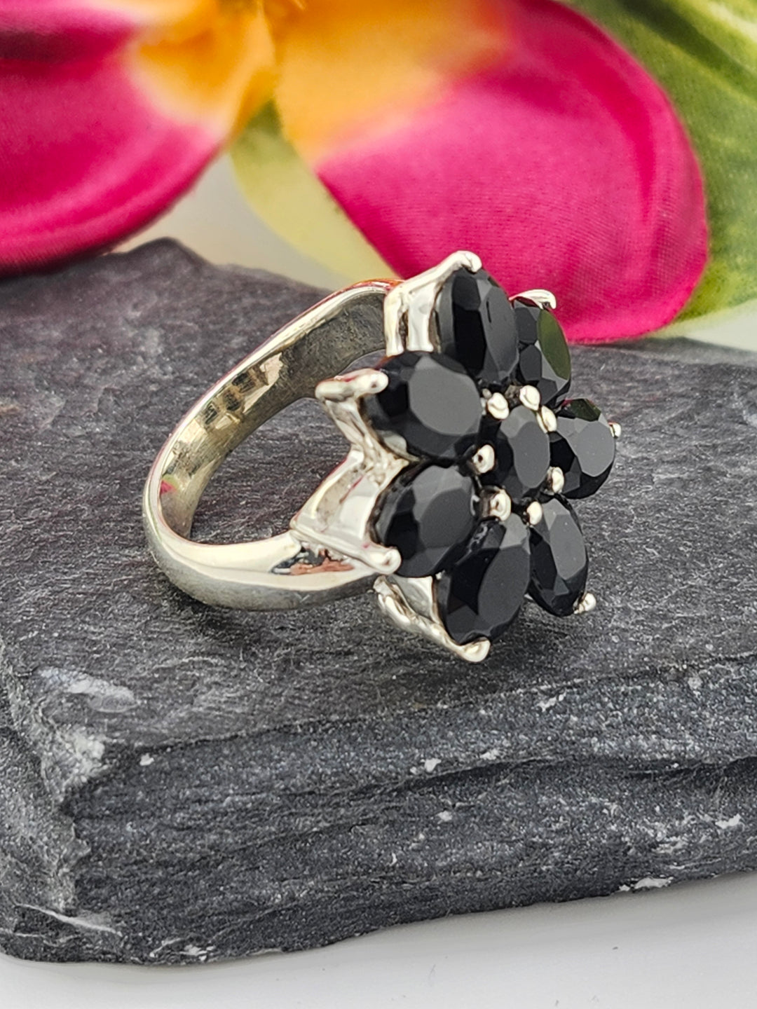 Cluster Black Onyx Flower Ring Size 6