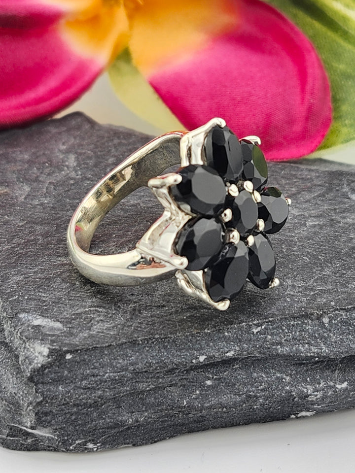 Cluster Black Onyx Flower Ring Size 6