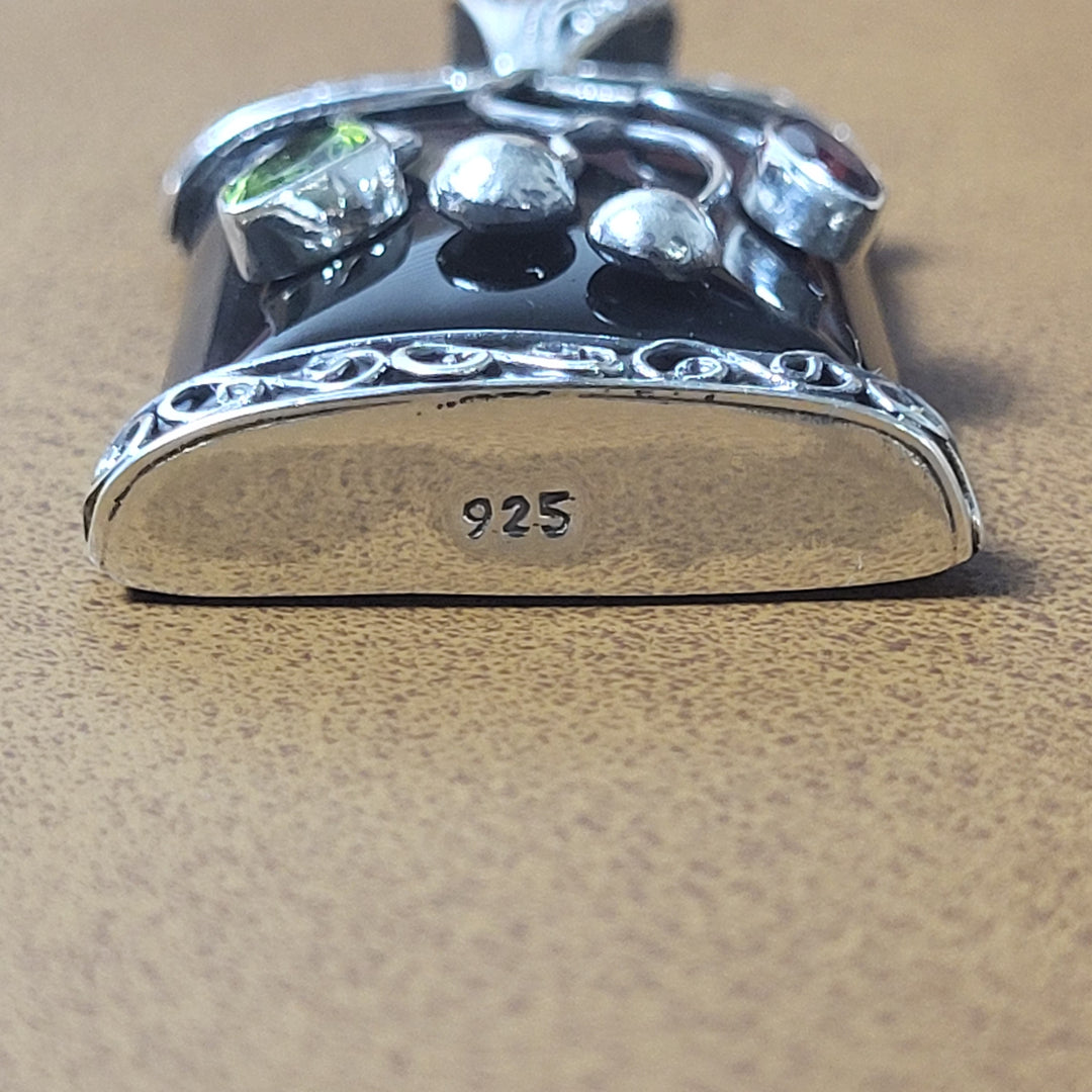 Natural Black Onyx/Peridot/Garnet 925 Sterling Silver Pendant