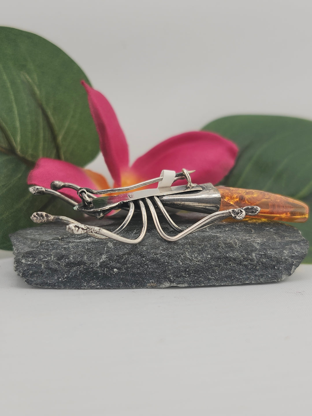 Designer SOMS Baltic Amber and 925 Sterling Silver Insect Broach