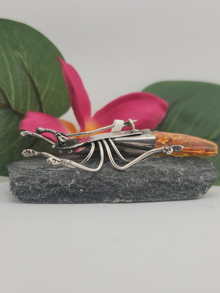 Designer SOMS Baltic Amber and 925 Sterling Silver Insect Broach