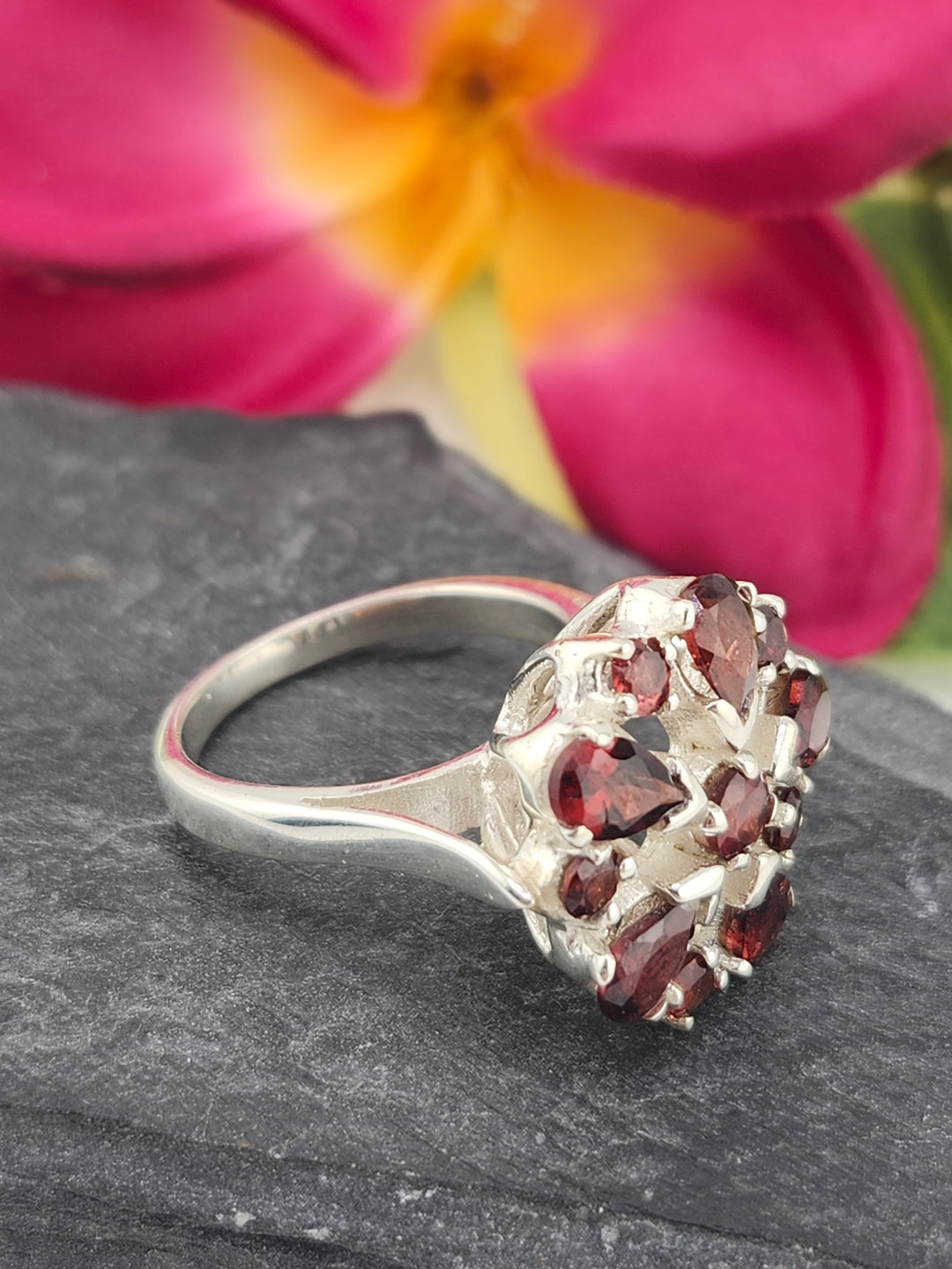 Cluster Garnet Flower Ring Size 8