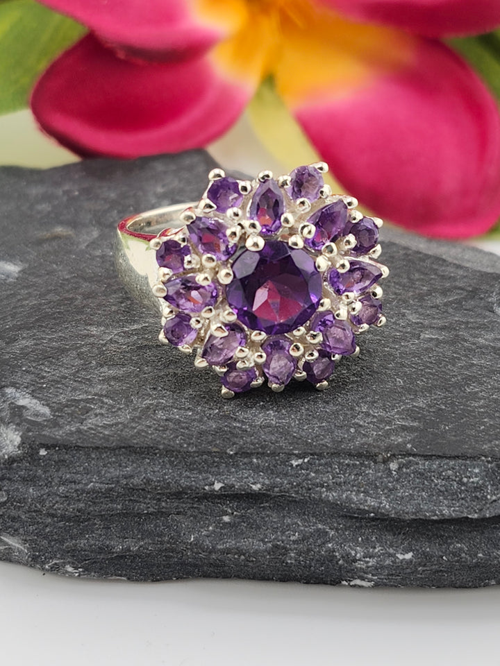 Cluster Amethyst Flower Ring Size 10