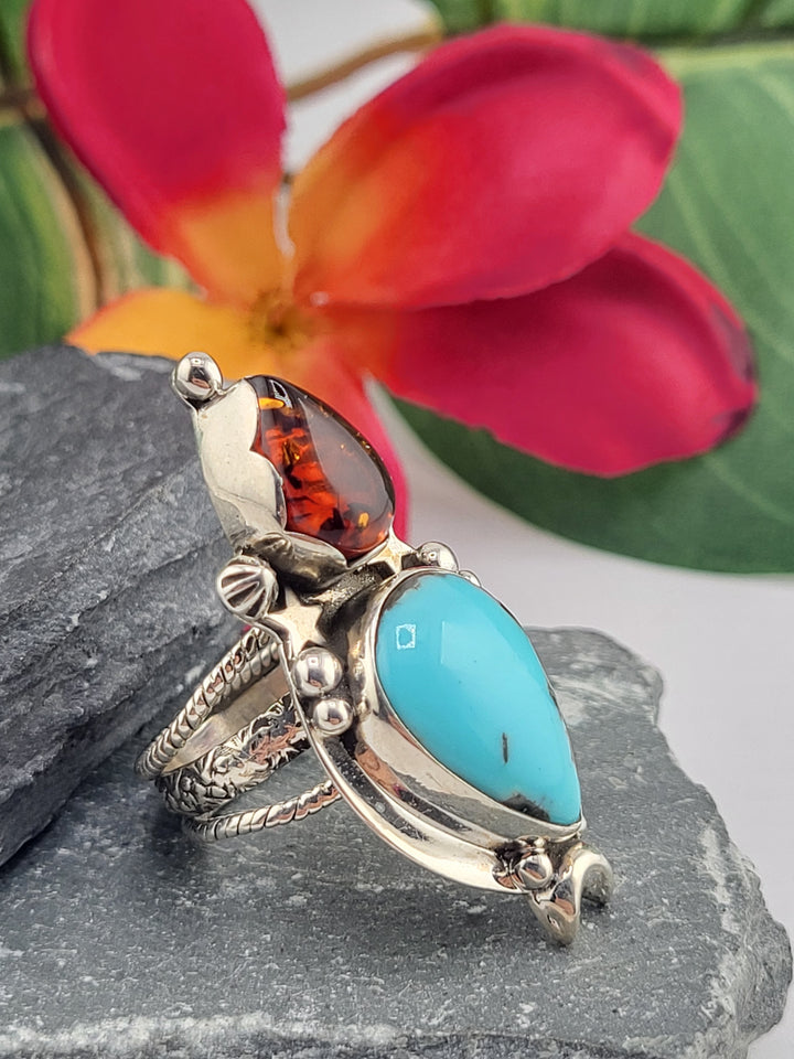 Turquoise & Baltic Amber Ring Size 6