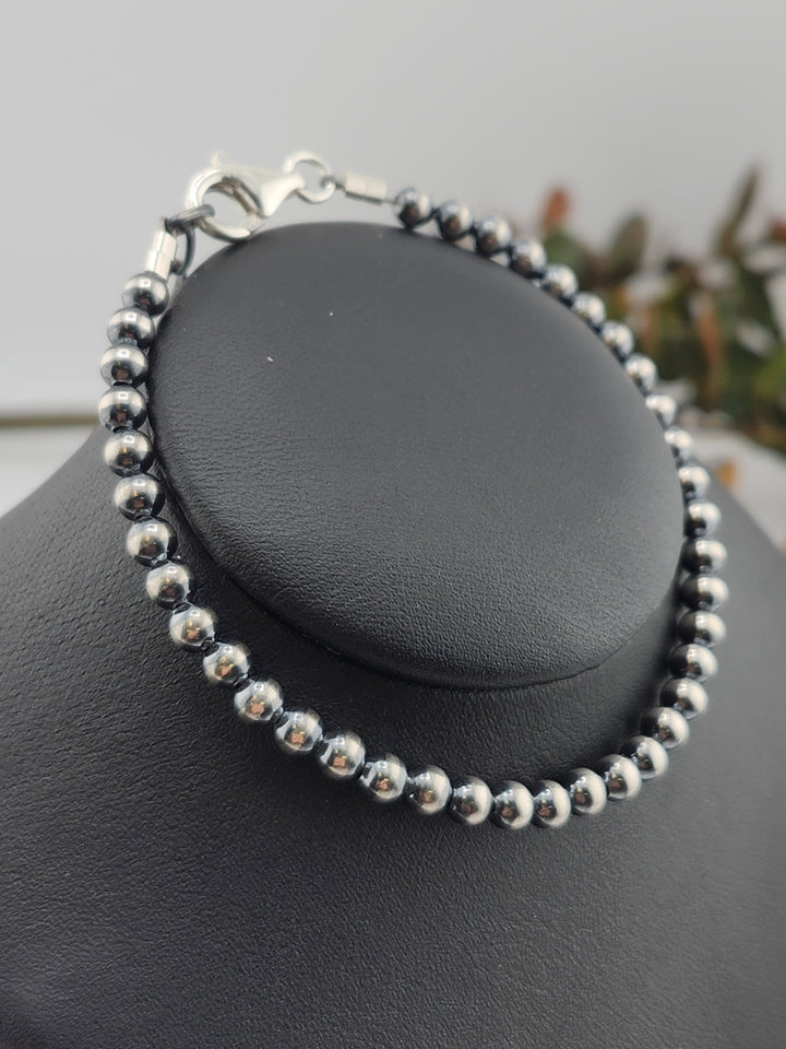 4mm 7"+1" Oxidized 925 Sterling Silver Bead Bracelet