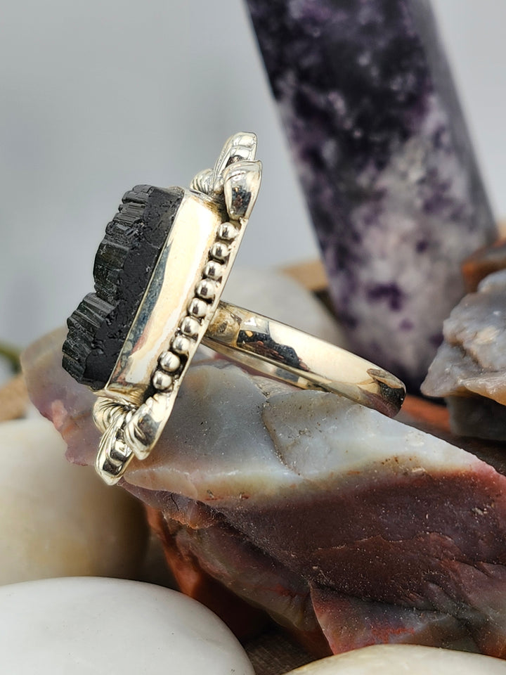 Raw Black Tourmaline 925 Sterling Silver Ring Size 9