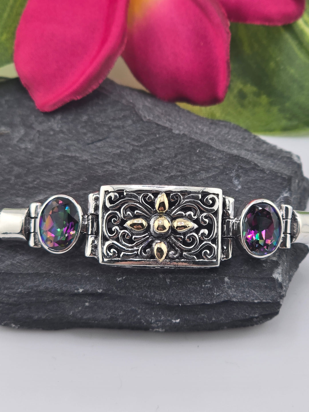 Real Mystic Topaz 925 Sterling Silver and 18k Gold Accented Bali Bracelet adj 7.5" to 8.5"