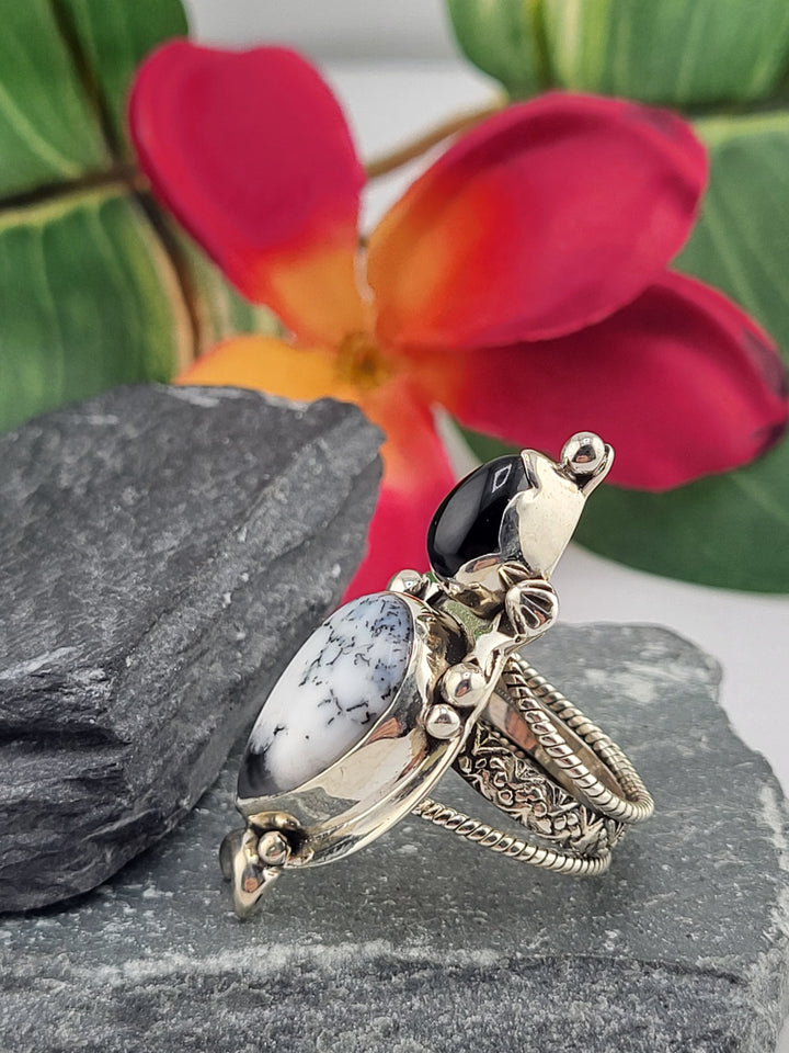 Dendritic Opal & Black Onyx Ring Size 6