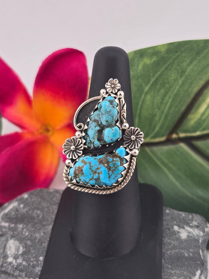 Double stone Kingman Turquoise sterling silver 925 ring size 7