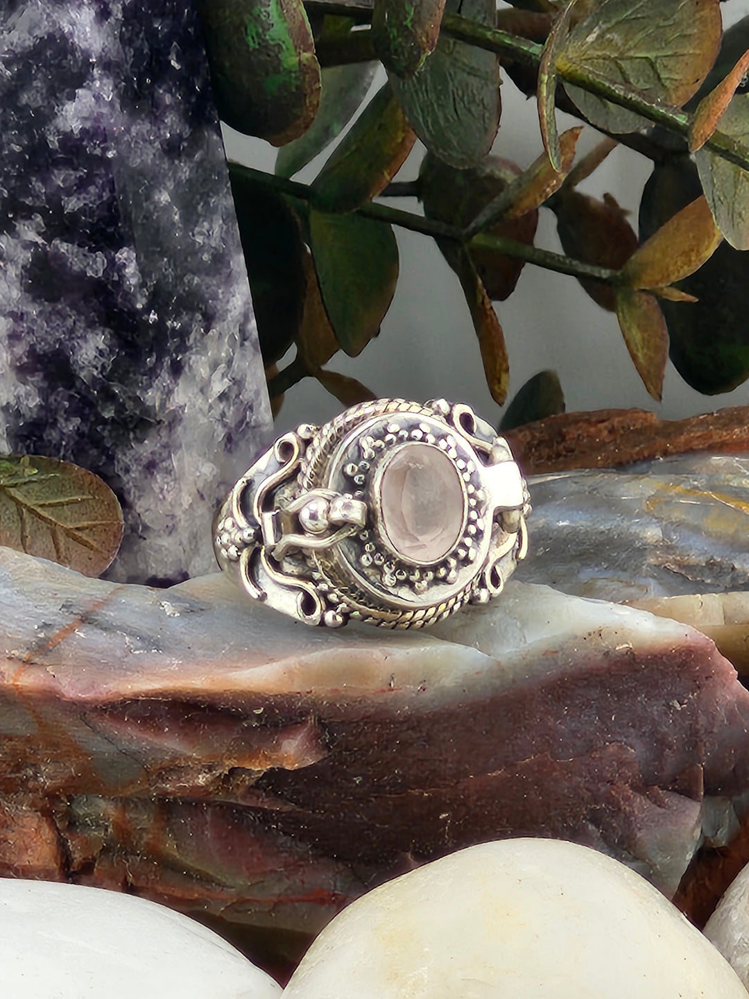 Rose Quartz & 925 Sterling Silver Lockett Ring Size 8
