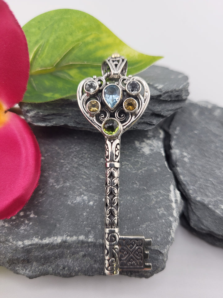 Bali Topaz, Peridot, Citrine, Abalone, & 18k Accented Key Pendant