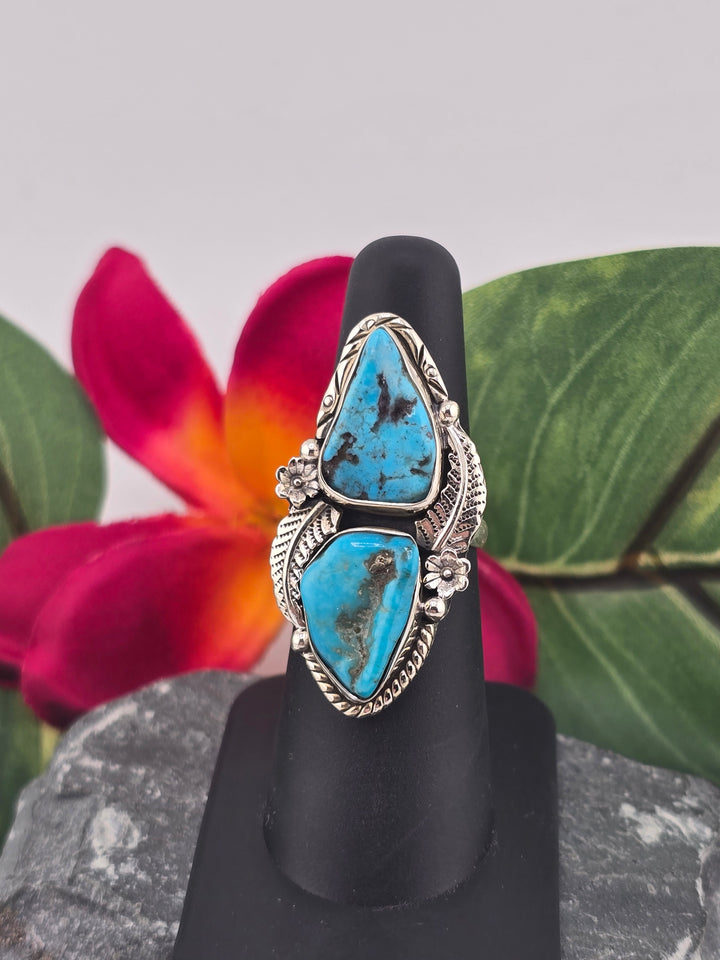 Double stone Kingman Turquoise sterling silver 925 ring size 6