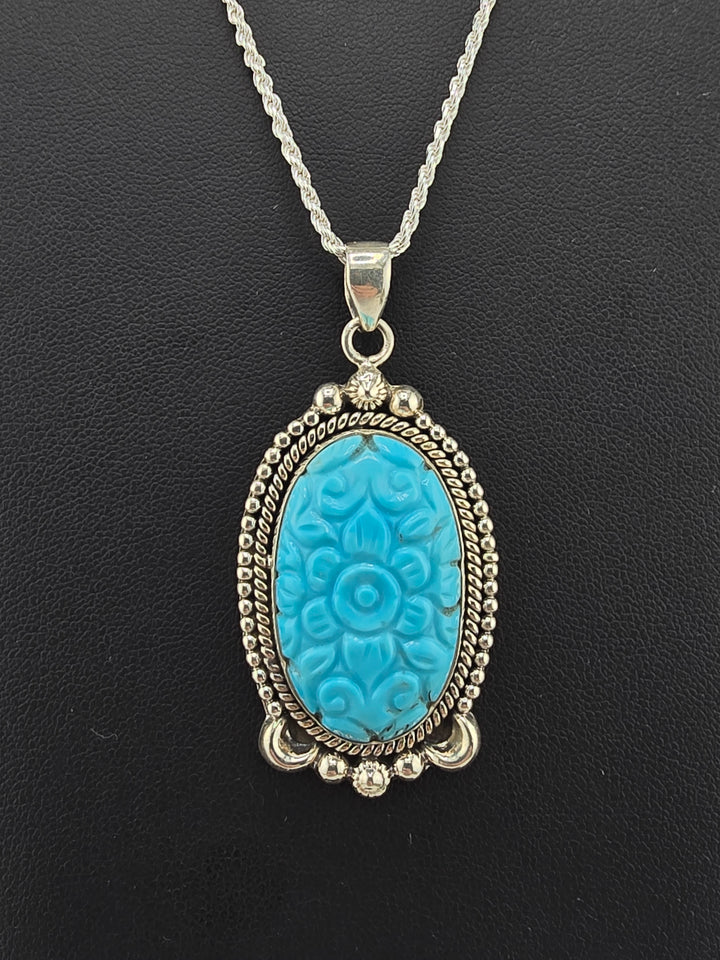 Carved solid American Turquoise 925 sterling silver pendant w/ 18" 1.8mm Rope Chain